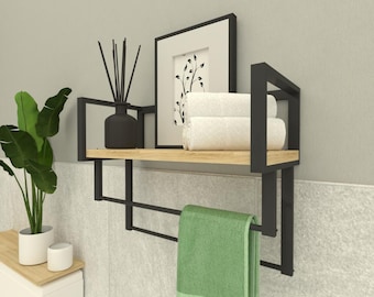 Metal and Wood Bathroom Shelf with Towel Rack: Floating Wall Organizer
