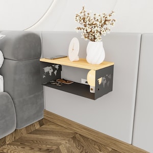 Présentoir mural carte du monde, table de chevet flottante en métal et bois minimaliste, table de chevet moderne
