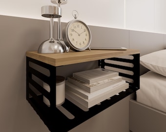 Modern Metal & Wood Floating Nightstand: Wall-Mounted Bedside Table