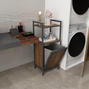 Compact Laundry Basket with Wooden Shelf, Modern Bathroom Storage Solution, Minimalist Home Decor