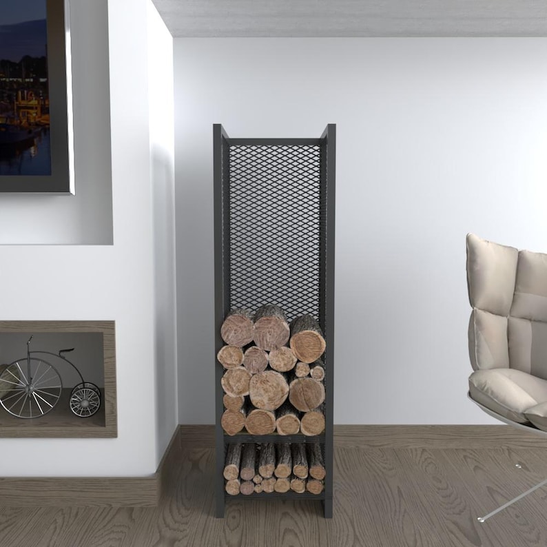 Metal log holder for firewood storage, modern vertical design, great for keeping wood organized and accessible indoors or outdoors.