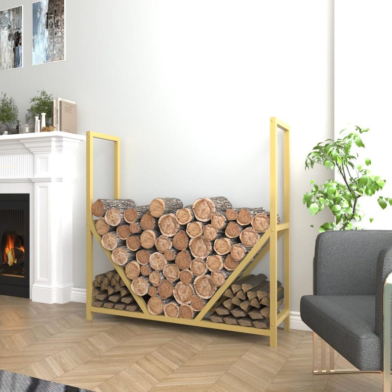 Gold metal firewood rack, luxurious log holder for wood storage, adds a touch of elegance to your living room decor.