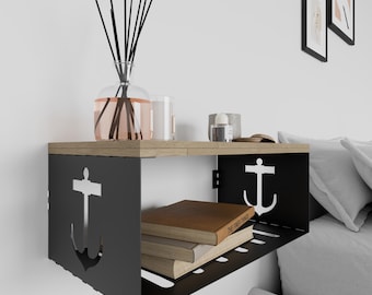 Metal & Wood Floating Nightstand: Nautical Anchor Bedside Shelf