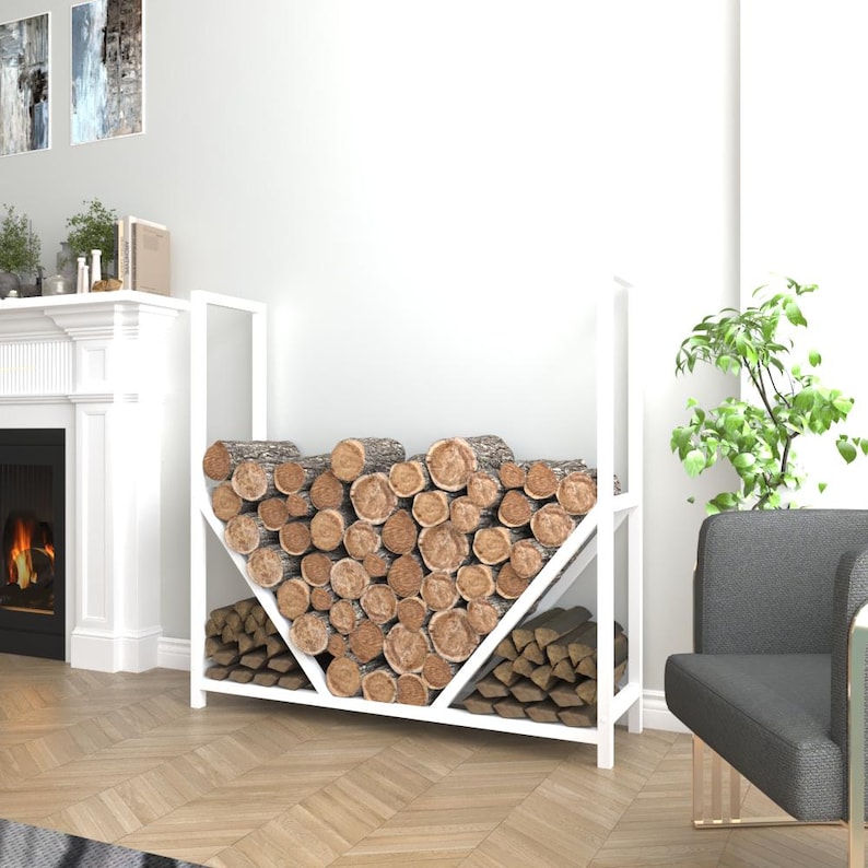 White metal firewood holder, minimalist log rack for wood storage, perfect for modern and farmhouse decor.
