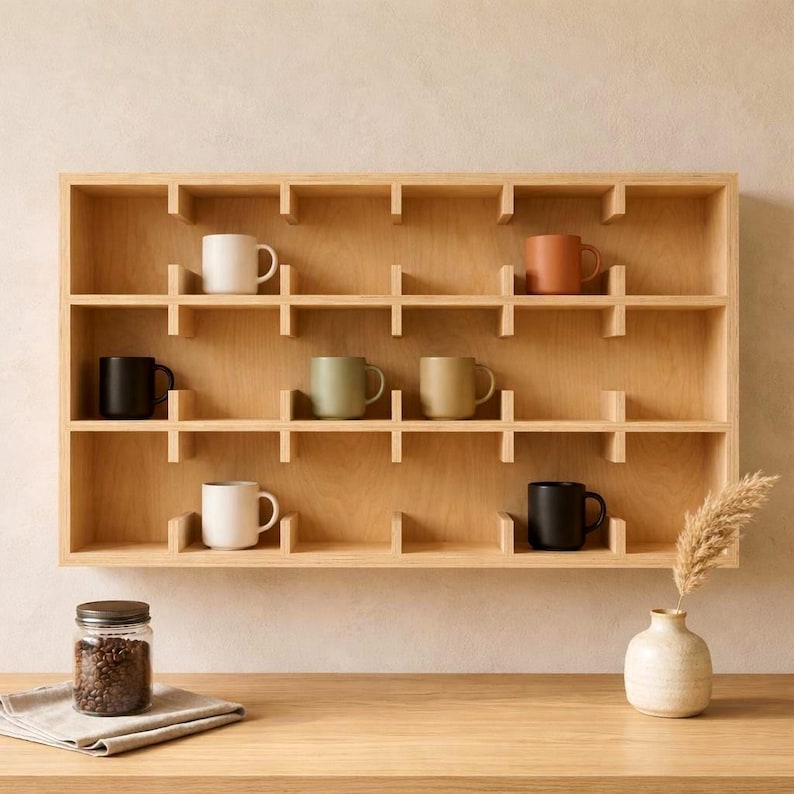 Scandinavian style wooden mug rack for coffee bar organization