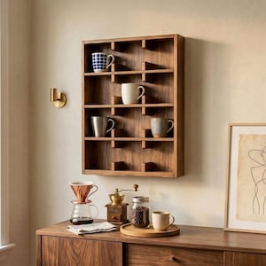 Handmade beech wood coffee mug holder shelf for modern coffee bar decor