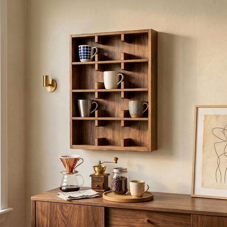 Handmade beech wood coffee mug holder shelf for modern coffee bar decor