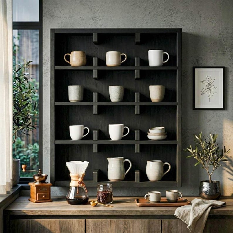 Modern wooden coffee cup holder shelf for aesthetic kitchen wall decor
