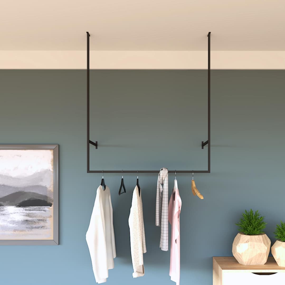 Ceiling Mounted Clothing Rack, Metal Hanging Clothing Rod, Garment Rail ...