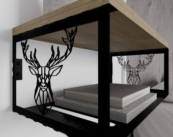 Geometric Deer Nightstand: Metal & Wood Wall Shelf, Minimalist Decor