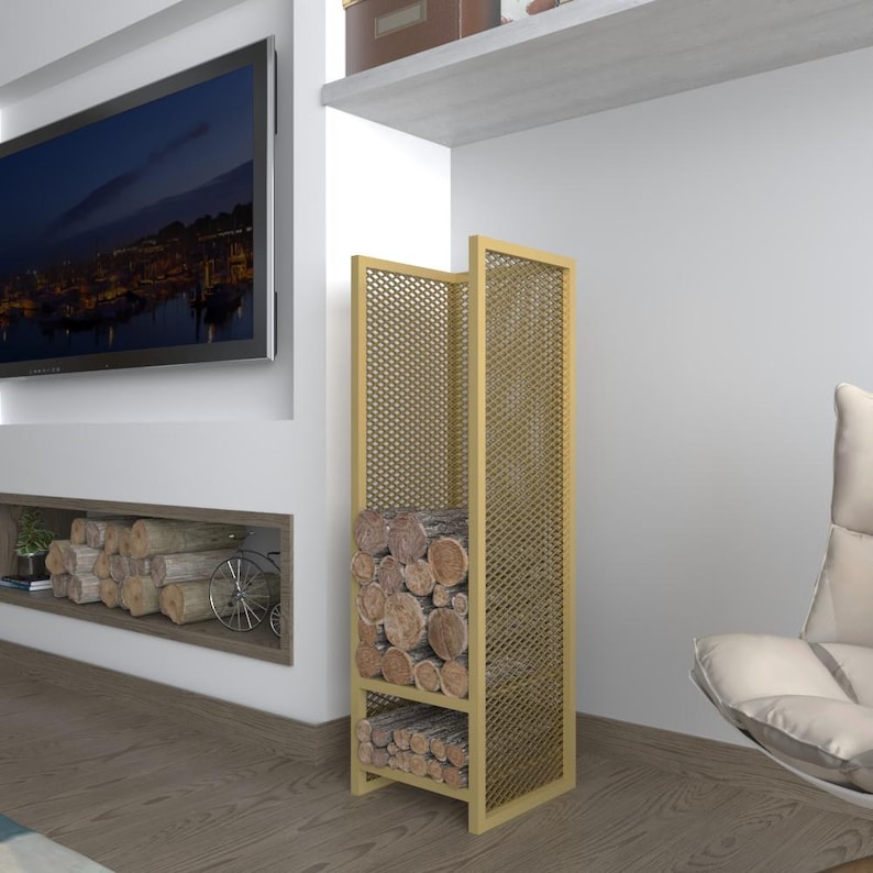 Minimalist firewood storage shelf in gold finish, sleek and stylish design for holding logs in any home or outdoor space.