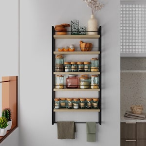 Multi-Tier Kitchen Shelf: Metal Spice Jar Organizer with Wooden Shelves