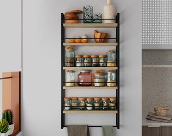 Multi-Tier Kitchen Shelf: Metal Spice Jar Organizer with Wooden Shelves