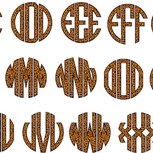May include: A set of 26 monogram letters in a circle, each letter is repeated three times. The letters are in a brown and black leopard print pattern.