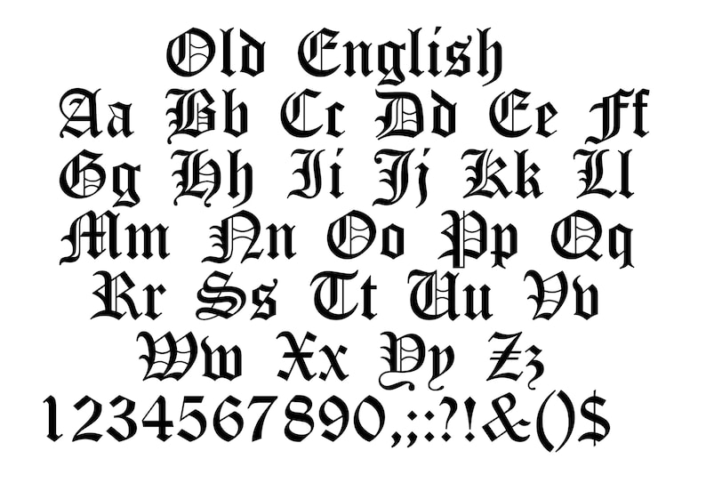 K&ouml;nnte beinhalten: Ein Schwarzwei&szlig;bild des Alphabets in einer altenglischen Schriftart. Die Buchstaben sind in Gro&szlig;- und Kleinschreibung. Die Zahlen 1 bis 9 und 0 sind ebenfalls enthalten, sowie Satzzeichen.