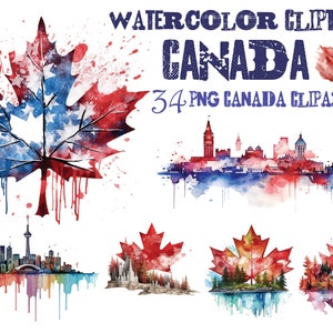 Acuarela Canadá Clipart - 34 PNG Canadá Paisajes Clipart - Canadá Naturaleza Clipart - Imágenes Prediseñadas de viaje - Bandera de Canadá - Uso comercial - Amor