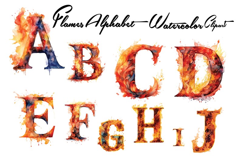 Flames Alphabet Watercolor Clipart - Fire Alphabet - Letters PNG ...