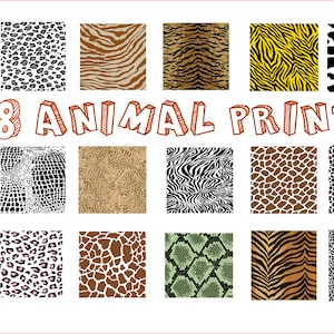 May include: A collection of 18 animal print patterns, including zebra, leopard, cheetah, giraffe, snake, and crocodile. The patterns are in various colors, including black, white, brown, orange, and green.