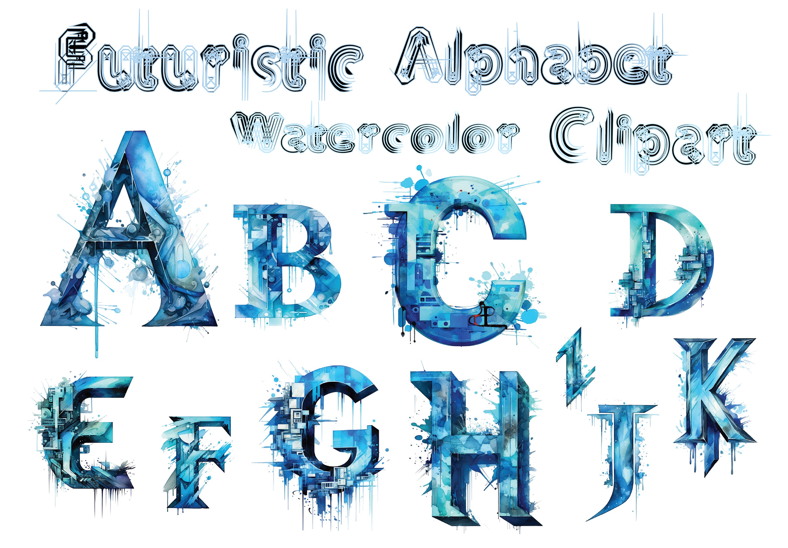 Space Alphabet Aquarell PNG - Cyberpunk Futuristische Schriftart - Mecha Roboter Schriftart - Tech Gaming - Futuristische Schriftarten Png - Futuristisches Alphabet Png