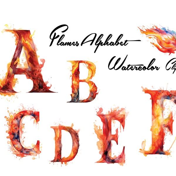 Flames Alphabet Watercolor Clipart - Fire Alphabet - Letters PNG - Alphabet PNG - Fire Flames - Instant Download for Commercial Use - PNG