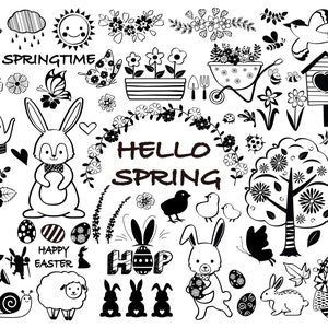 Frühling SVG - Osterhase SVG - Osterhase Form zwar - Kaninchen Form - Ei Form - Hase Form - Hase Form - Hase Form - Hase Form - Eier zwar geschnitten - Blumen zwar - Hallo Frühling zwarte Aufschrift - Silhouette - Florale Aufschrift - Clipart