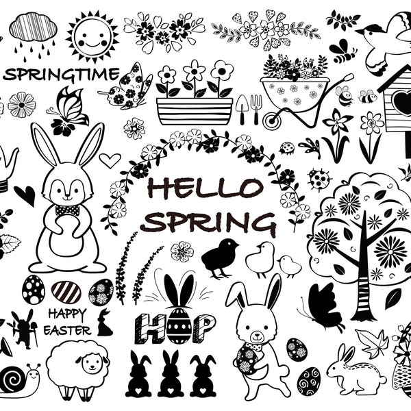 Spring SVG - Easter Svg - Easter Bunny Shape Svg - Rabbit Svg - Eggs Svg - Flower Svg - Hello Spring Svg - Silhouette - Floral Svg - Clipart