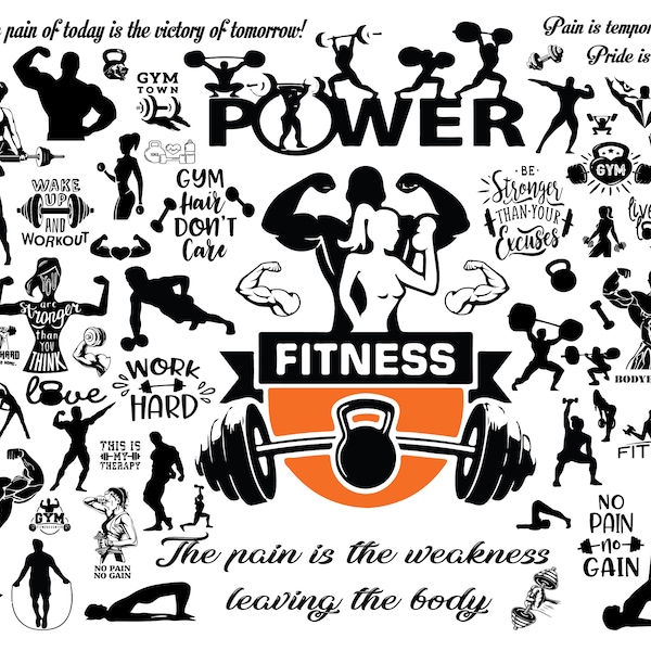 BODYBUILDING BUNDLE svg, Bodygebeul svg, Fitness svg, Aerobic svg, Gewichte svg, Clipart für Cricut und Silhouette, Fitness-Studio-Power