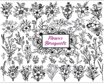 BOUQUET SVG, Bouquet Svg Bundle, Floral Svg, Flowers Svg, Wildflowers Svg, Botanical Svg, Field Plants Svg, Minimalist Bouquet Svg - PNG