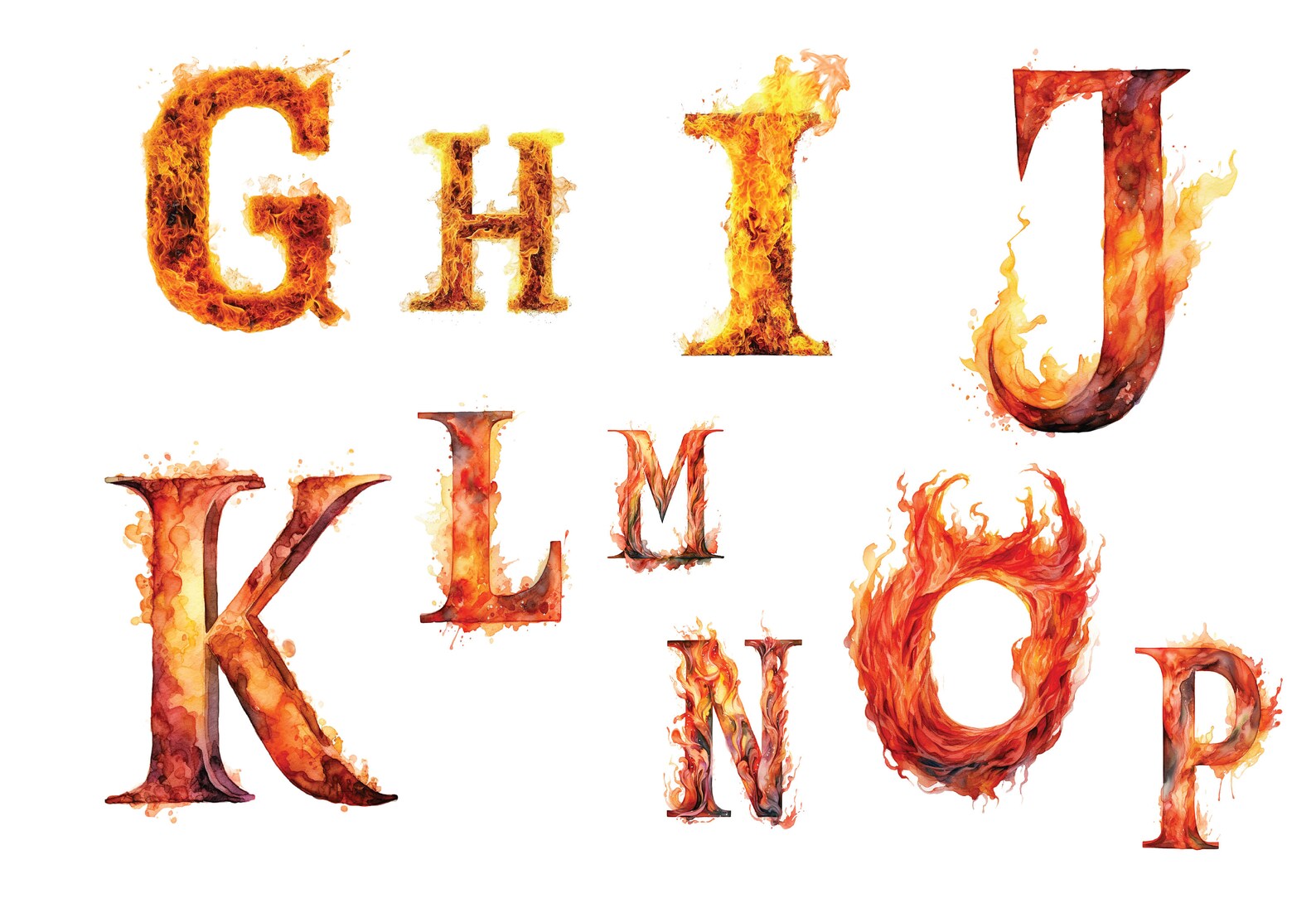Flames Alphabet Watercolor Clipart - Fire Alphabet - Letters PNG ...