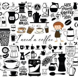 May include: Black and white illustration of coffee-themed doodles, including coffee cups, coffee beans, coffee makers, and text phrases like "Coffee Break", "I need a coffee", and "Life Happens Coffee Helps".