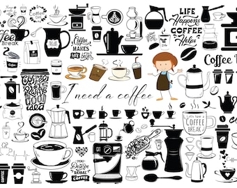 Paquete de archivos SVG de tazas de café, SVG de café, SVG de taza de café, SVG de jarra de café, SVG de taza, imágenes prediseñadas de café, SVG de granos de café, SVG de cafetera, archivo de corte de café