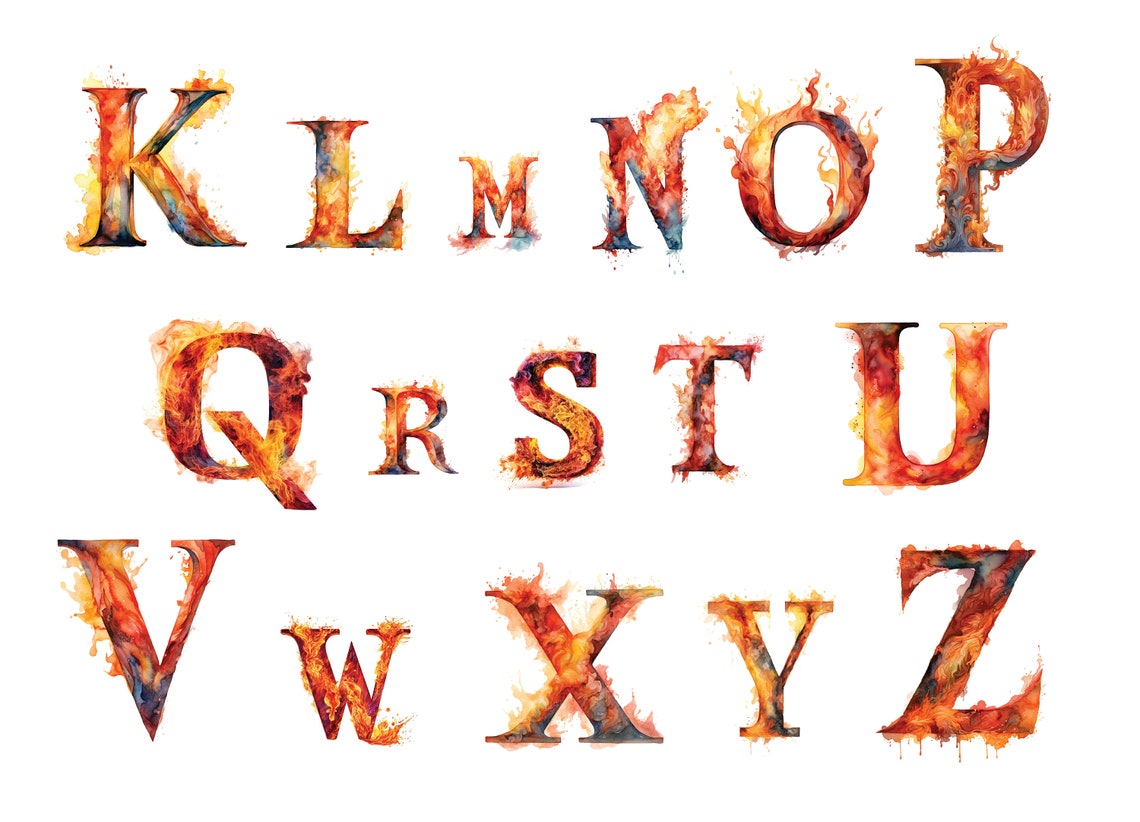 Flames Alphabet Watercolor Clipart - Fire Alphabet - Letters PNG ...