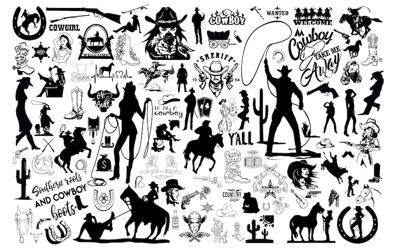 Puede incluir: Un conjunto de ilustraciones digitales en blanco y negro con tem&aacute;tica de vaquero y vaquera. El conjunto incluye im&aacute;genes de caballos, botas, sombreros, lazos, cactus y otras im&aacute;genes de tem&aacute;tica western. El texto "Cowboy" y "Cowgirl" est&aacute; incluido en el conjunto.
