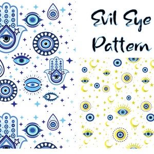 May include: Two seamless patterns featuring the evil eye symbol in blue and white, and gold and blue. The first pattern includes the Hamsa hand, stars, and teardrop shapes. The second pattern includes crescent moons, stars, and teardrop shapes. The text "Evil Eye Pattern" is written in black.