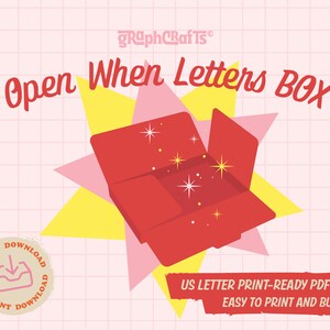 Op de afbeelding: Printbare Open When Letters Box-sjabloon. Een rode doos met een stervormige achtergrond. De tekst "Open When Letters Box" staat in grote, vetgedrukte letters. De tekst "US Letter Print-Ready PDF File Easy to Print and Build!!" staat onderaan de afbeelding.
