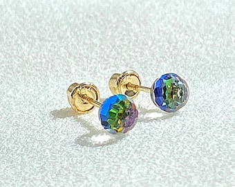 14k Real Gold Crystal ball studs, Rainbow clear crystal ball earring, Cubic Zirconia Round Disco Ball Stud Earrings, Minimalist Earrings