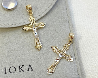 14K Real Two Tone Gold Jesus Crucifix Cross Religious Charm Small Pendant For Necklace or Chain, Religious Pendant, for Women/Men