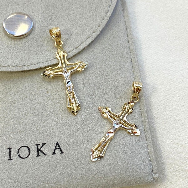 14K Echt Gold Jesus Kruzifix Kreuz religiöser Charm Kleiner Anhänger für Halskette oder Kette, religiöser Anhänger, für Frauen/Männer