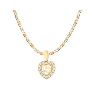 May include: A gold heart-shaped pendant necklace with a number 15 inside and a circle of clear stones around the edge. The necklace is made of a tri-color chain with alternating gold, rose gold, and white gold links.