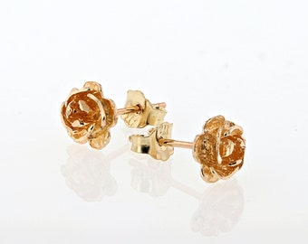 Real 14k Yellow Gold Rose Flower Push Back Studs Earrings