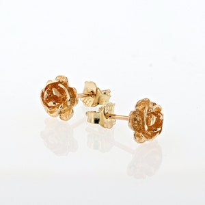 Real 14k Yellow Gold Rose Flower Push Back Studs Earrings