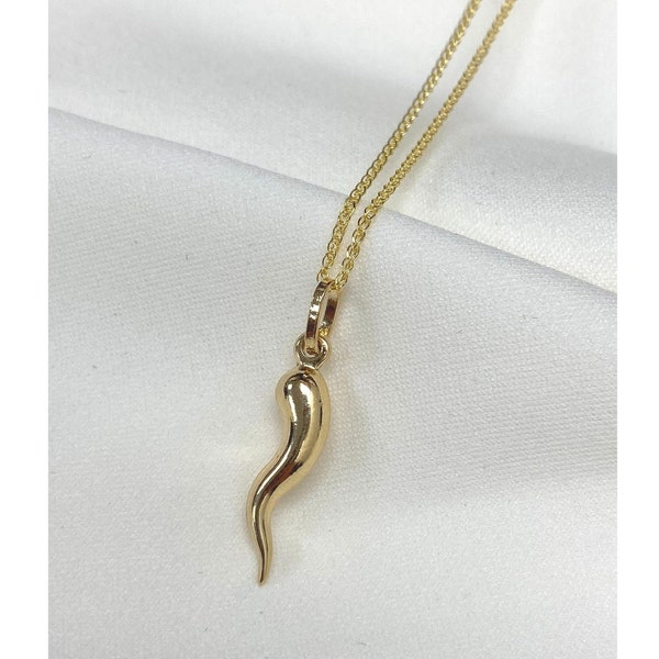 Real 14K Yellow Gold Cornicello Italian Horn Fortune Charm Pendant with 1.2mm Flat Open Wheat Chain Necklace