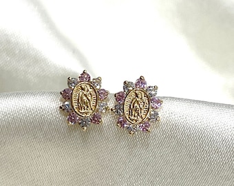 14K Real Gold CZ Guadalupe Stud Earrings Divine, Elegant Religious Jewelry Minimalist Guadalupe Virgen Mary Studs Perfect Gift Ideas for her