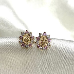 14K Real Gold CZ Guadalupe Stud Earrings Divine, Elegant Religious Jewelry Minimalist Guadalupe Virgen Mary Studs Perfect Gift Ideas for her
