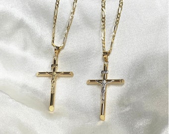 Real 14k Yellow Gold / Yellow Gold & White Gold Jesus Crucifix Cross Pendant with 2.3mm Figaro 3+1 Chain Necklace