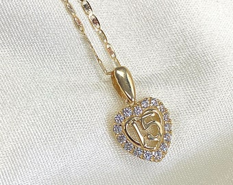 Real 14K 15 years old Quinceanera Cubit Zirconia Heart Charm Pendant & 1.5mm Valentino Chain Necklace, 15 anos Birthday Necklace