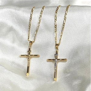 Real 14k Yellow Gold / Yellow Gold & White Gold Jesus Crucifix Cross Pendant with 2.3mm Figaro 3+1 Chain Necklace