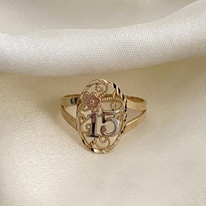 14K Solid Gold  Sweet 15 years old Quinceanera Flower Oval Ring, 14k Tri Color 15 Flower Ring for gift