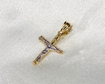 14K Solid Gold Small Jesus Crucifix Cross Religious Pendant, Religious Tiny Charm Real Gold Cross Pendant For Necklace or Chain