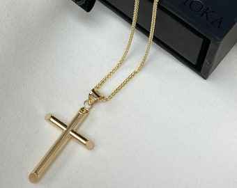 Real 14K Yellow Gold Classic Tube Cross Charm Pendant with 1.1mm Wheat Chain Necklace Faith Hope Unisex Necklace for Men Women Everyday Wear
